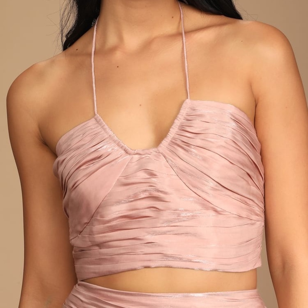 NWT Lulu’s Live The Night Dusty Rose Satin Ruched Cropped Halter Top Size Small